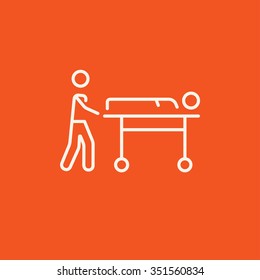 Man pushing stretchers with patient line icon for web, mobile and infographics. Vector white icon isolated on red background.