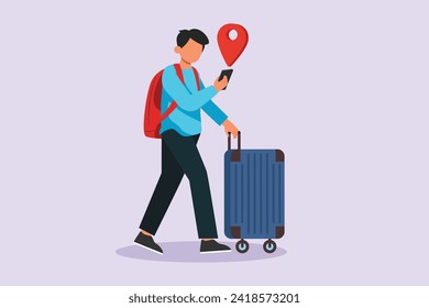 man is pushing a suitcase while looking at a map on his smartphone. Traveling with bag or suitcase concept. Colored flat vector illustration isolated.