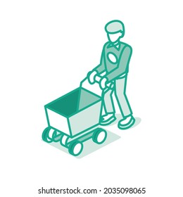 Man Pushing Supermarket Trolley. Empty Shopping Cart. Outline Isometric Concept. Vector Illustration. Isolated on White Background.