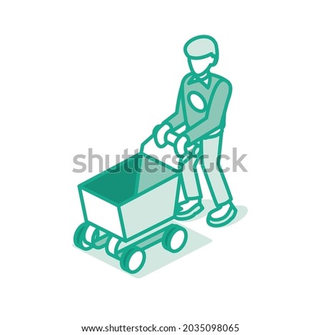 Man Pushing Supermarket Trolley. Empty Shopping Cart. Outline Isometric Concept. Vector Illustration. Isolated on White Background.
