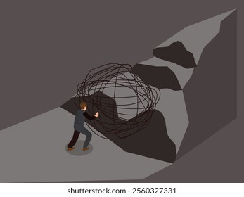 Man Pushing Tangled Ball Uphill - Overcoming Challenges and Obstacles 3d isometric vector illustration