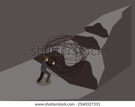 Man Pushing Tangled Ball Uphill - Overcoming Challenges and Obstacles 3d isometric vector illustration