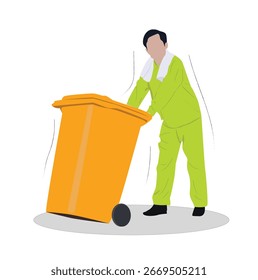 man pushing trash can. Worker pushing trash can. Garbage cleaning service