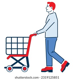 Hombre empujando carro de vagones. Ilustración vectorial eps10
