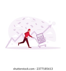Man pushing a trolley containing a calculator that says inflation and banknotes flying around. Inflation concept. trend modern vector flat illustration 