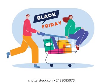 Man pushing a trolley filled with groceries and snacks, a woman sitting on the cart. Character design. Vector flat illustration