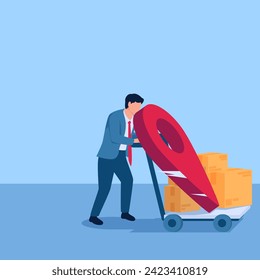 Man pushing a trolley filled with pins and cardboard, a metaphor for moving locations. Simple flat conceptual illustration.