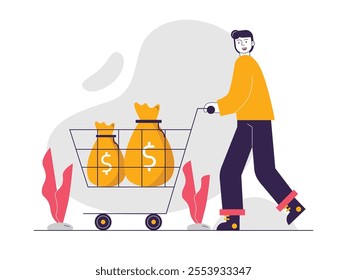 Man pushing a trolley filled with sacks of money, financial management and investment. Character design. Vector flat illustration