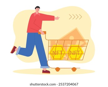Hombre empujando el carro con la Imagen y las monedas de NFT, criptoactivo. Diseño de personajes. Ilustración plana de Vector