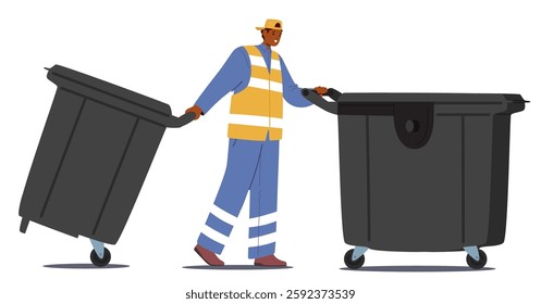 Man pushing urban garbage bin on wheels providing high quality scavengers service on city streets vector illustration. Male janitor cartoon character at public work isolated on white background