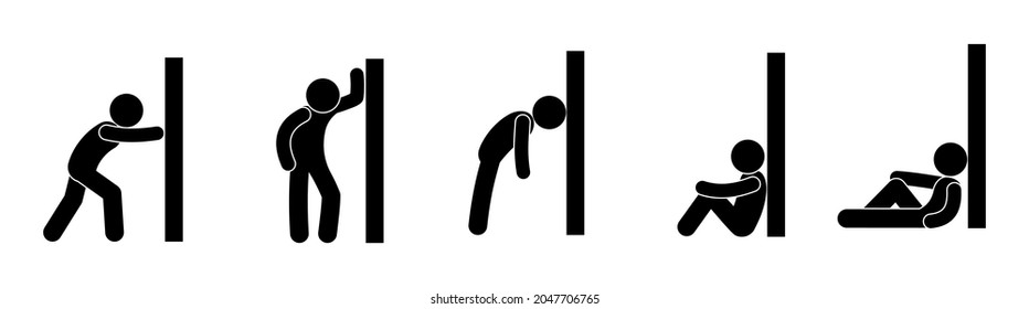 man pushing the wall, set of isolated pictograms, stick figure icons people, human silhouette stands, sits, lies near the wall