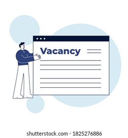 Mann, der eine Webseite mit einer freien Stelle drückt. HR-Spezialist kündigt eine offene Stelle an. Konzept der Jobsuche.  Flache Vektordesign-Illustration.