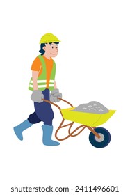 man pushing wheelbarrow containing construction materials wears construction safety uniform