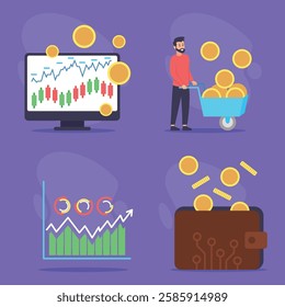 Man pushing wheelbarrow filled with coins while monitor displaying stock market trends. Financial growth and digital wallet services, commerce dynamics concept