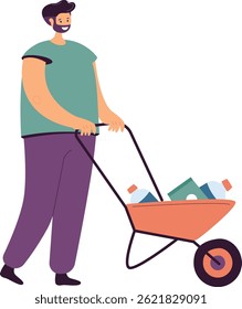 Man pushing a wheelbarrow filled with recyclables