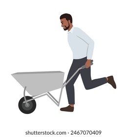 Man pushing wheelbarrow. Flat vector illustration isolated on white background