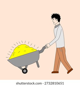 A man is pushing a wheelbarrow full of gold coins. The scene is bright and cheerful, with the man's smile and the bright yellow sand