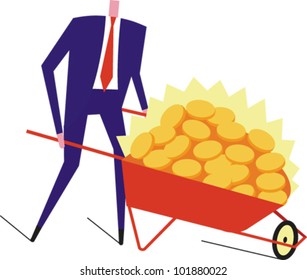 Man pushing a wheelbarrow full of shiny gold coins