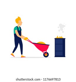 Man is pushing a wheelbarrow with leaves, cleaning, autumn, agriculture. Flat