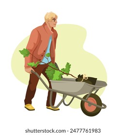 Man pushing a wheelbarrow with a plant, cartoon style, white and green background. Concept of gardening. Vector illustration