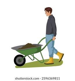 Man pushing a wheelbarrow with soil. Vector illustration