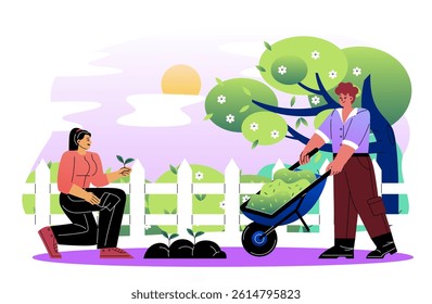 A man pushing a wheelbarrow and a woman planting seedlings in a backyard garden with trees and a white fence at sunset. Vector illustration