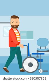 Man pushing wheelchair.