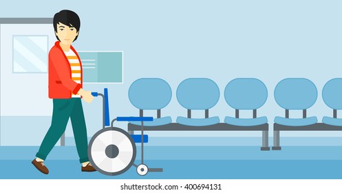 Man pushing wheelchair.