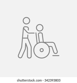 A man pushing wheelchair and patient line icon for web  mobile   infographics  Vector dark grey icon isolated light grey background 