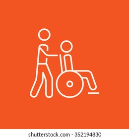 A man pushing a wheelchair with a patient line icon for web, mobile and infographics. Vector white icon isolated on red background.