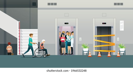 A man pushing a wheelchair whose elevator is crowded and under maintenance.