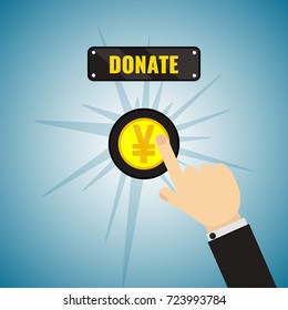 Man pushing Yen donate button. Giving money, fundraising business concept. Financial contribution to charity online. Internet banking, mobile payments. Touch, push or press symbol. Vector illustration