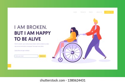 Man Pushing Young Disabled Girl Sitting in Wheelchair. Male Character Support his Friend, Handicapped Person Enjoying Full Life. Website Landing Page, Web Page Cartoon Flat Vector Illustration, Banner