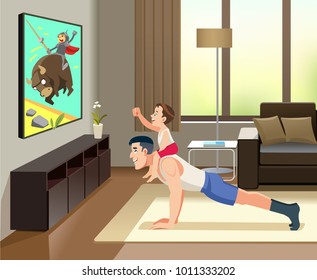 The man pushup from the floor with the boy on his back. This is image father of cheerful father with his little cute son spend time together, are watching tv together. Concept Fatherhood child-rearing