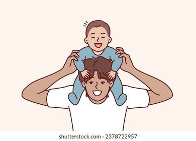 Man put baby on neck and laughed, rejoicing at presence of younger brother or beloved son. Happy young guy rolls baby and takes care of infant for concept celebrating father day and thanking parents