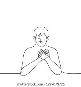 man put both palms on his heart his head lowered to the bottom - one line drawing vector. concept to listen to the heart, heart attack, be kind, man in love 