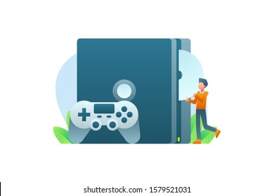 A Man Put A Cassette Into The Game Console. Games Vector. Gamer Banner Illustration