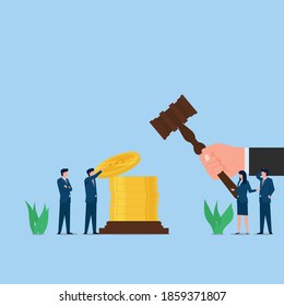 Man put coin on the court hammer metaphor of corruption and bribe. Business flat vector concept illustration.