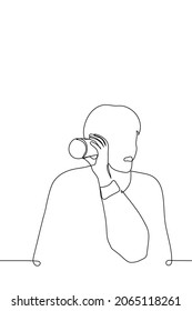man put a cup to his ear his mouth is open in surprise - one line drawing vector. eavesdropping concept 