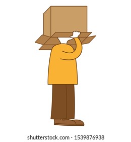 A man put an empty cardboard box on his head