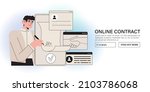 Man put esignature into legal document on smartphone screen. Digital signature concept. Businessman sign an electronic agreement or contract online. Business vector illustration in flat cartoon style.