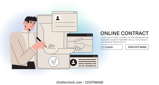 Man put esignature into legal document on smartphone screen. Digital signature concept. Businessman sign an electronic agreement or contract online. Business vector illustration in flat cartoon style.