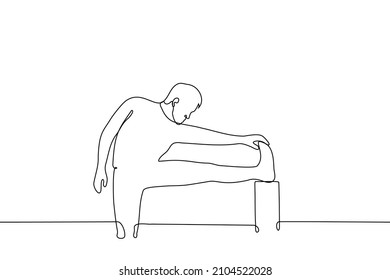 man put foot at right angles to support - one line drawing vector. concept of stretching legs to stretch out, warming up muscles before training, pilates 
