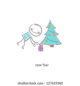 Man put a gift under the Christmas tree. Illustration.