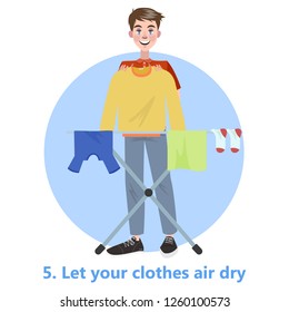 Man put his clothes to dry on the rope. Clothing on the washing line. T-shirt and sock, towel. Flat vector illustration
