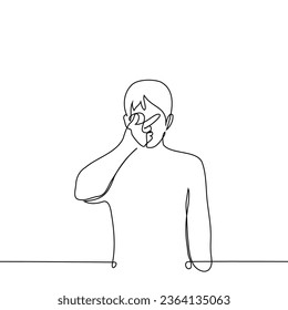 man put his finger to his eyes - one line art vector. concept rubbing or scratching eyes, eye fatigue