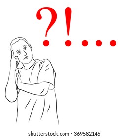 man put his finger to his head and looks at the question and exclamation mark