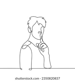 man put his finger to his mouth - one line art vector. concept of silence, call for silence, boycott, ignoring, hushing up, keeping secret