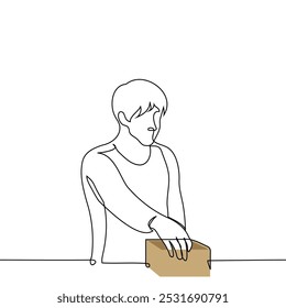 man put his hand in a box - one line art vector. concept draw lots, nostalgic mood, exploration of the unknown
