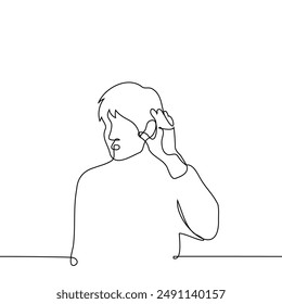 man put his hand to his ear to hear better - one line art vector. concept eavesdrop, bad hearing, listen. Handmade vector not AI